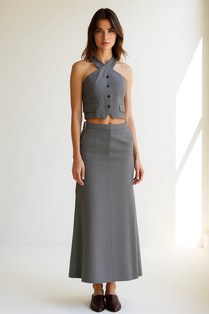 Women's Two-Piece Set | Fitted Halter Top and Long Skirt | Button Closure | Elegant Modern Style