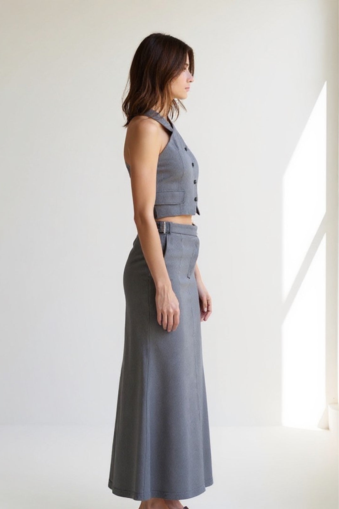 Women's Two-Piece Set | Fitted Halter Top and Long Skirt | Button Closure | Elegant Modern Style