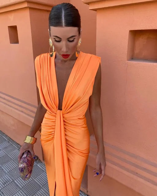 Women's Sleeveless Dress with Deep V-Neck, Ruching, and Front Slit | Midi