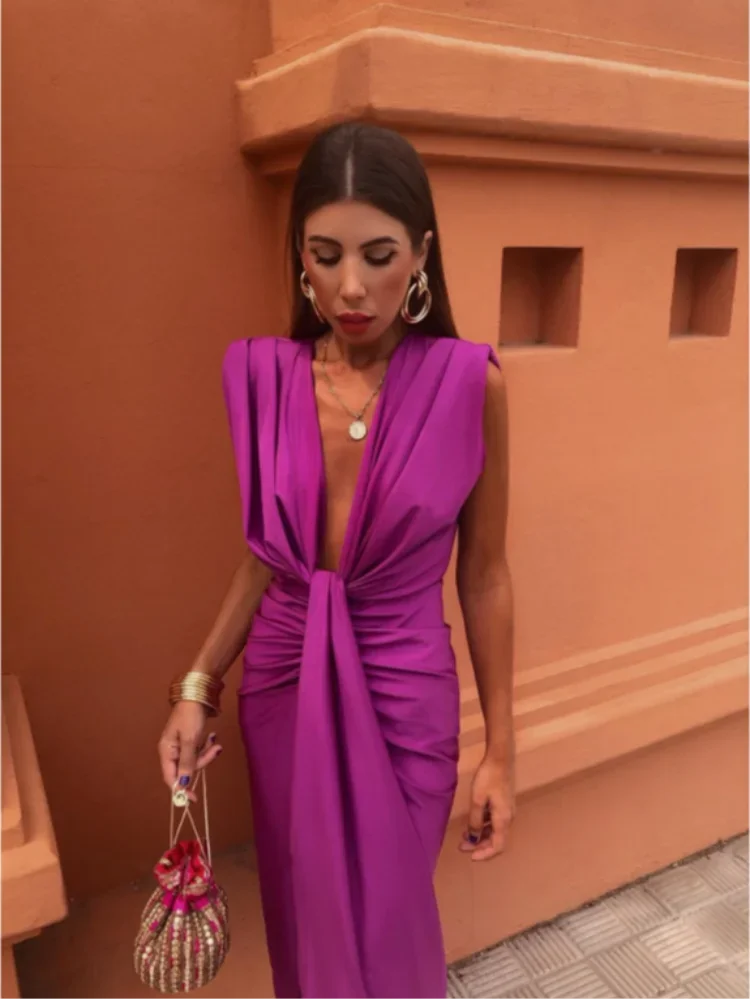 Women's Sleeveless Dress with Deep V-Neck, Ruching, and Front Slit | Midi
