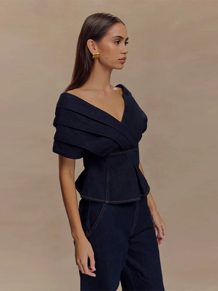 Women's Off-Shoulder Top with Peplum and Straight-Leg Pants Two-Piece Set | Structural Design