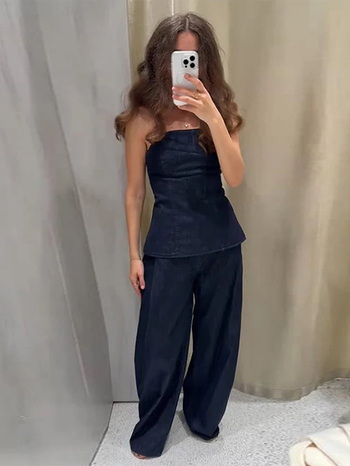 Women's Bandeau Top with Peplum and Wide Pants Two-Piece Set | Minimalist Style