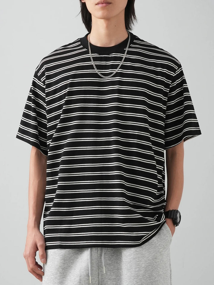 Męski T-Shirt w Paski z Okrągłym Dekoltem i Krótkim Rękawem | Oversize Krój