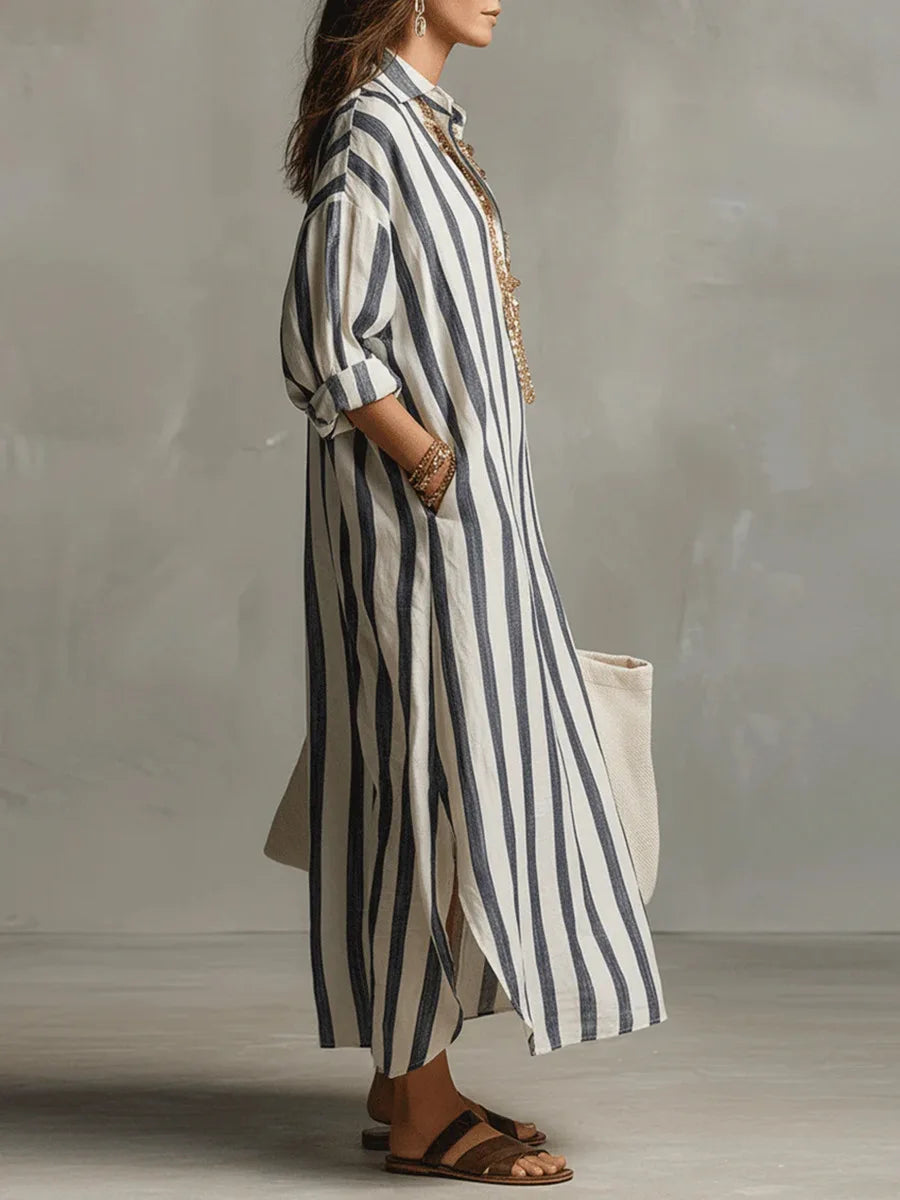 Eliza | Damska sukienka maxi koszulowa w paski