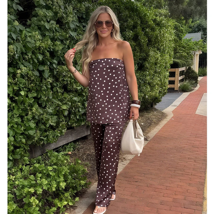 Women's Polka Dot Bandeau Top and Flared Pants Two-Piece Set | Fitted Style