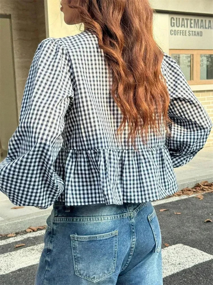 Women's Long Sleeve Checkered Blouse with Front Bow Tie | Ruffle Hem Blouse