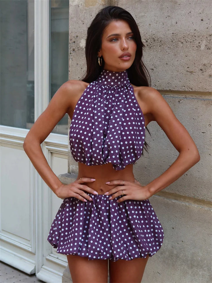 Women's Padded Bra Bottom Top and Mini Skirt Two-Piece Set | Open Back Style