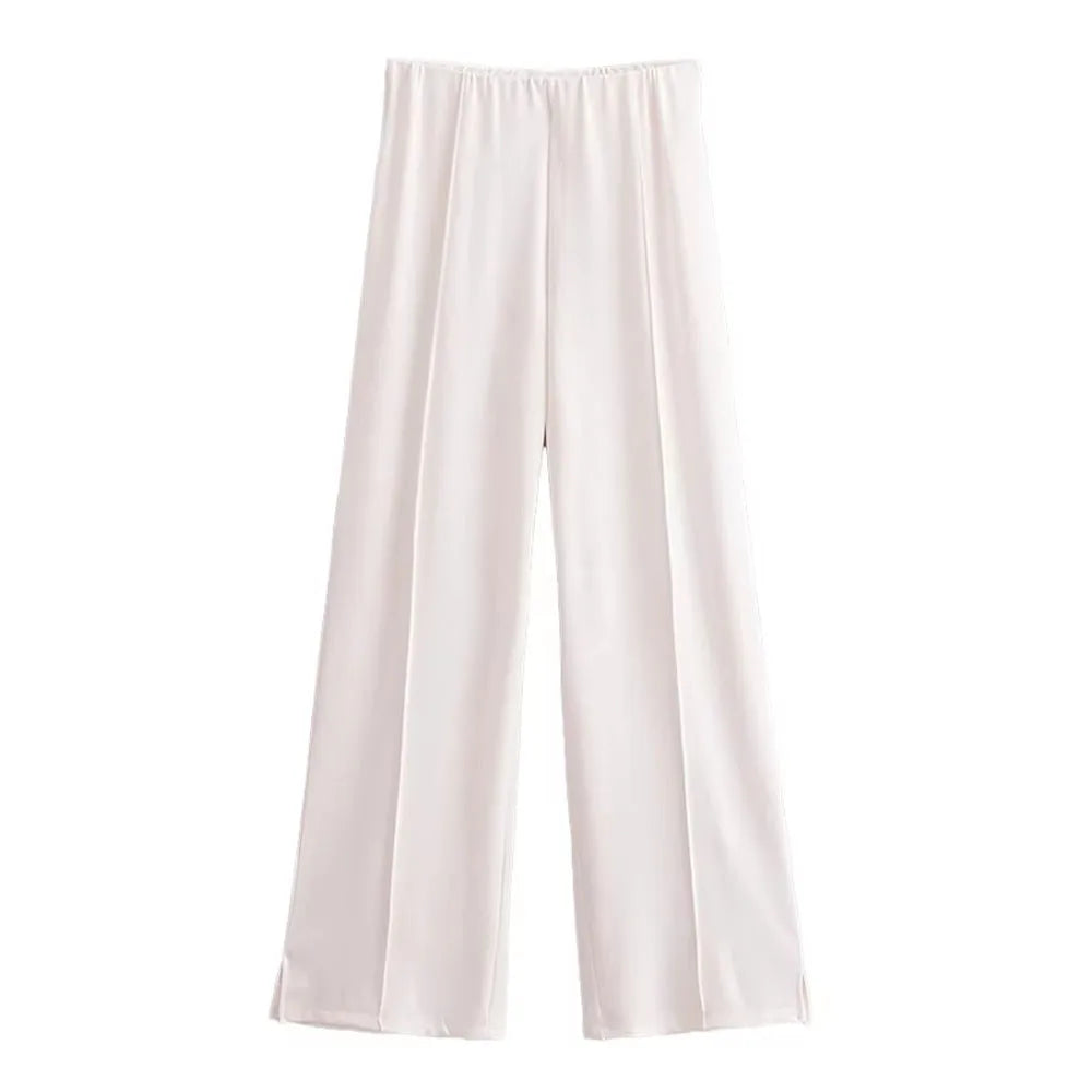 Women's Long Sleeve Round Neck Top and Wide Pants Two-Piece Set | Seam Detail