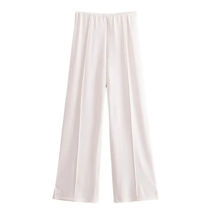 Women's Long Sleeve Round Neck Top and Wide Pants Two-Piece Set | Seam Detail