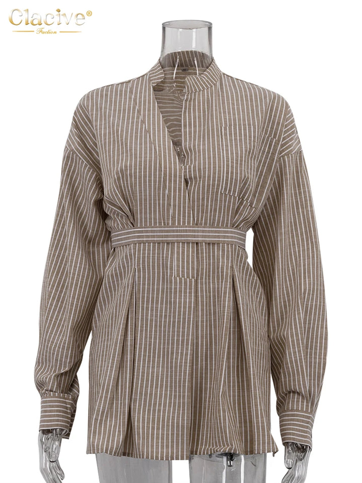 Women's Long Sleeve Blouse Stripes Stand Collar Waist Tie Blouse | Front Buttons