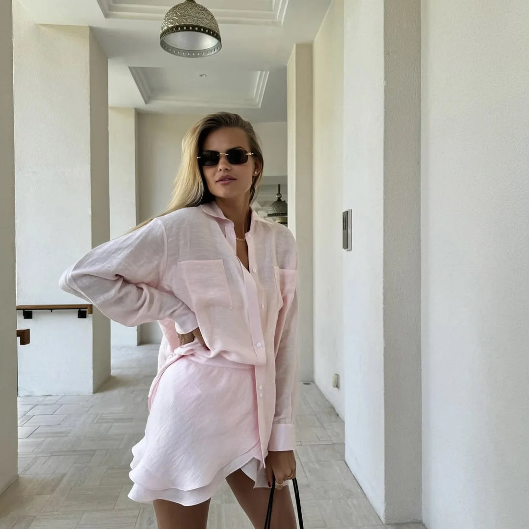 Women's Tie-Front Long Sleeve Shirt and Mini Skirt Two-Piece Set | Beach Style