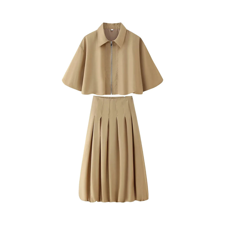 Women's Short Zip Jacket and Pleated Midi Skirt Two-Piece Set | Batwing Sleeve