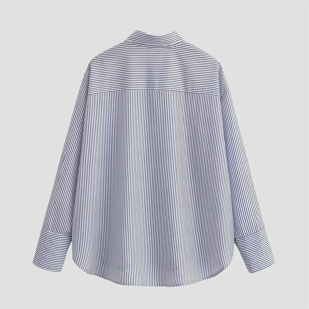 Women's Long Sleeve Shirt Stripes Neck Tie Buttons Shirt | Loose Fit