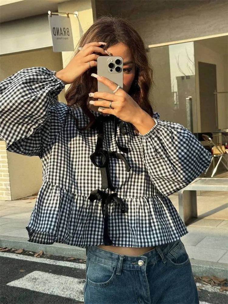 Women's Long Sleeve Checkered Blouse with Front Bow Tie | Ruffle Hem Blouse