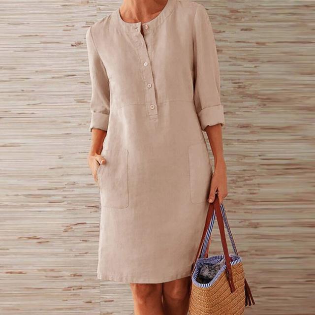 Women's Midi Dress | Loose Fit | Long Sleeves with Round Neckline | Casual
