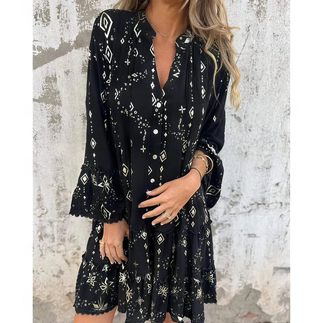 Sukienka damska w stylu boho z nadrukiem i rękawami dzwonkowymi | Mini 0