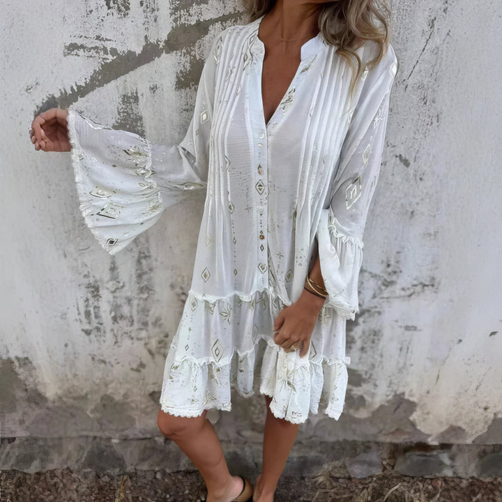 Sukienka damska w stylu boho z nadrukiem i rękawami dzwonkowymi | Mini 3