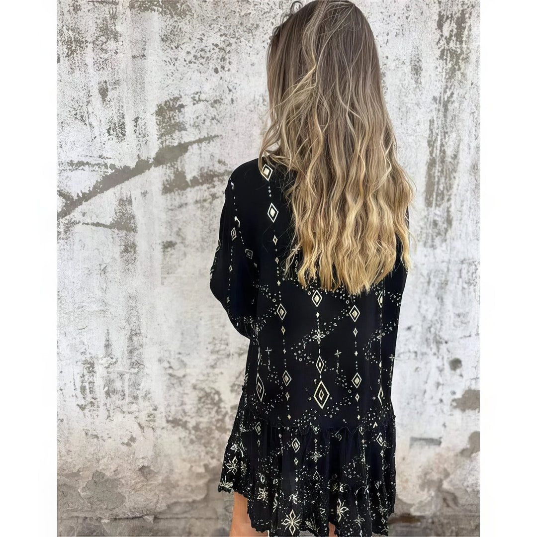 Sukienka damska w stylu boho z nadrukiem i rękawami dzwonkowymi | Mini 5