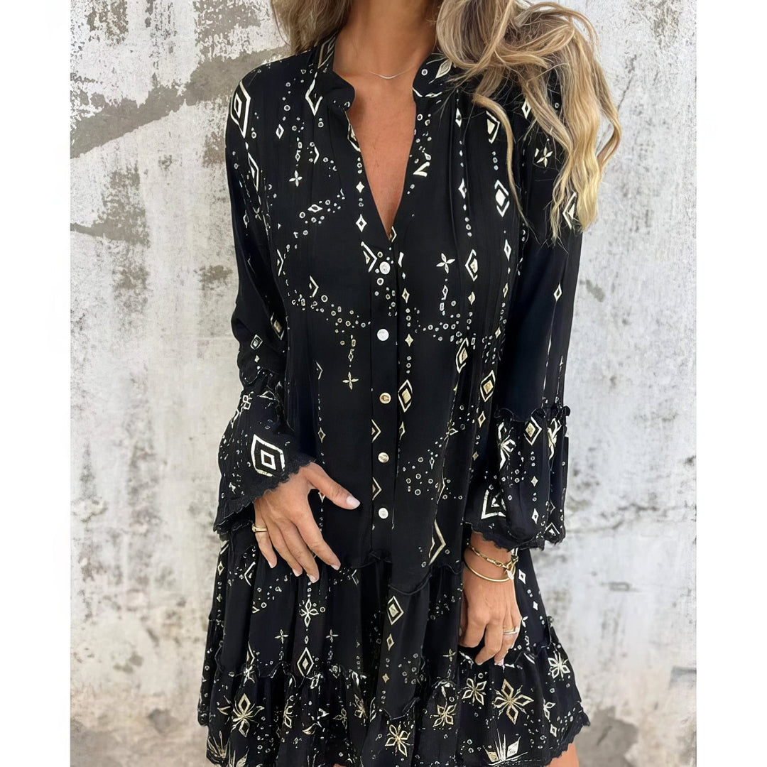 Sukienka damska w stylu boho z nadrukiem i rękawami dzwonkowymi | Mini 6