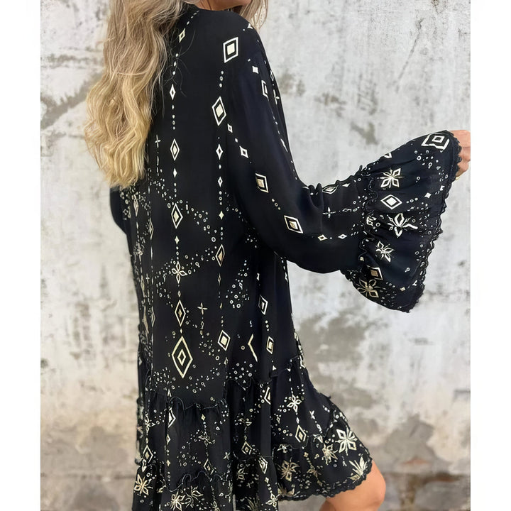 Sukienka damska w stylu boho z nadrukiem i rękawami dzwonkowymi | Mini 7