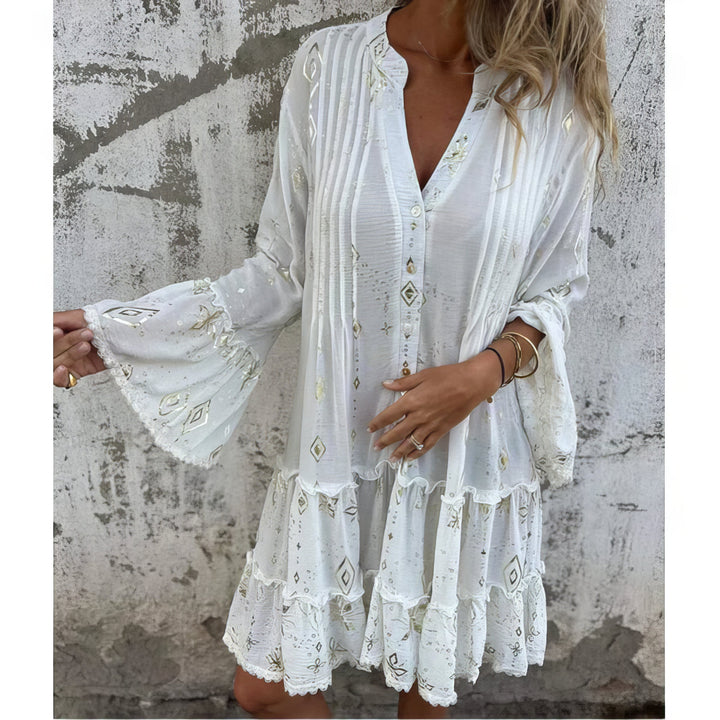 Sukienka damska w stylu boho z nadrukiem i rękawami dzwonkowymi | Mini 8
