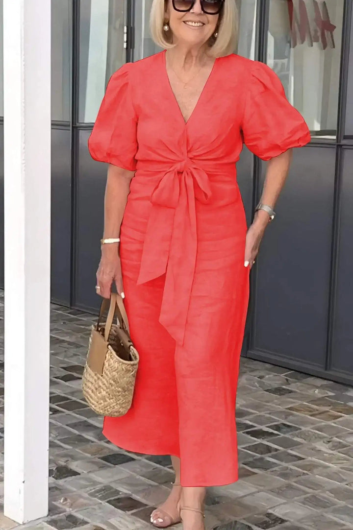 Sukienka damska z dekoltem w serek, krótkim rękawem i wiązaniem w talii | Midi 0