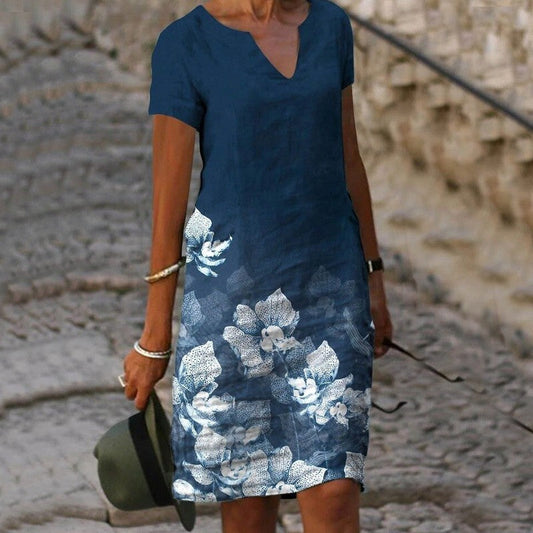 Sukienka damska z krótkim rękawem i dekoltem w serek, z kwiatowym nadrukiem | Midi 0