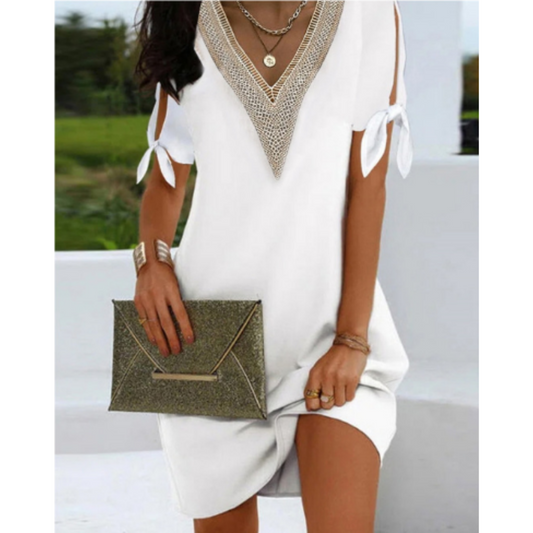 Sukienka damska z krótkim rękawem i dekoltem w serek, z wiązaniem w talii | Mini 0