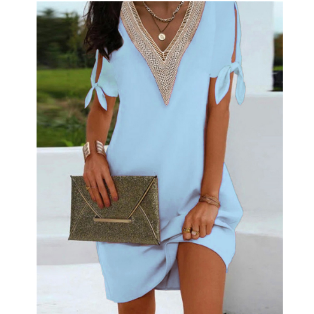 Sukienka damska z krótkim rękawem i dekoltem w serek, z wiązaniem w talii | Mini 2