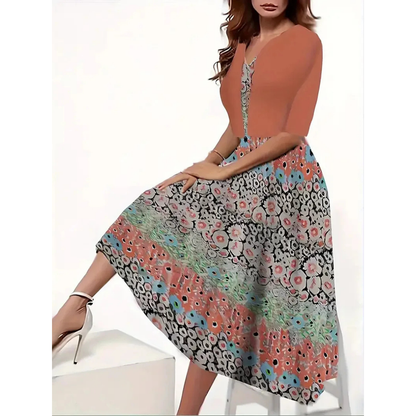 Sukienka damska z okrągłym dekoltem i nadrukiem w kształcie litery A, z rękawem 3/4 | Midi 1