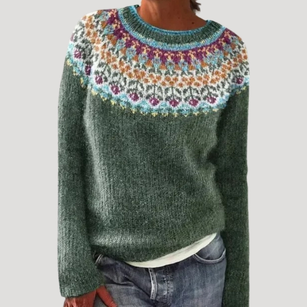 Sweter damski wzorzysty z okrągłym dekoltem i kolorowym karczkiem 0