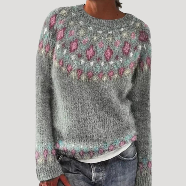 Sweter damski wzorzysty z okrągłym dekoltem i kolorowym karczkiem 1