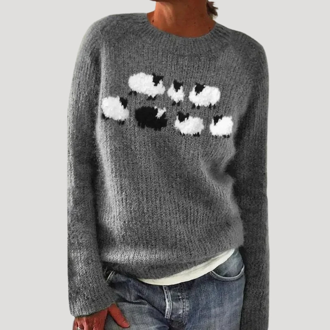 Sweter damski wzorzysty z okrągłym dekoltem i kolorowym karczkiem 2