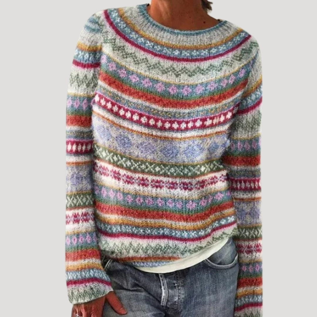 Sweter damski wzorzysty z okrągłym dekoltem i kolorowym karczkiem 3