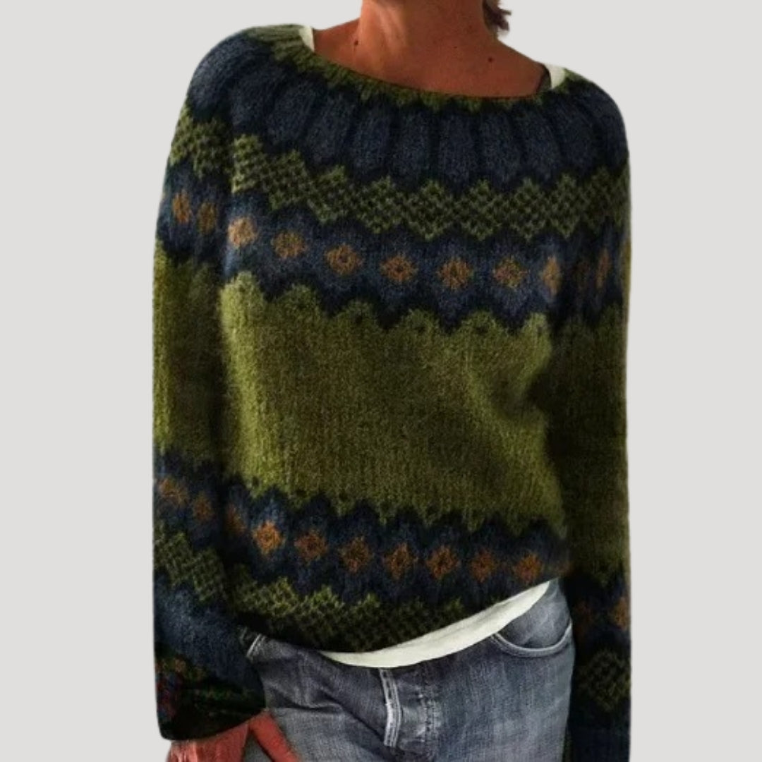 Sweter damski wzorzysty z okrągłym dekoltem i kolorowym karczkiem 4
