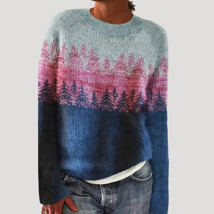Sweter damski wzorzysty z okrągłym dekoltem i kolorowym karczkiem 5