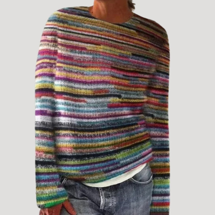 Sweter damski wzorzysty z okrągłym dekoltem i kolorowym karczkiem 6