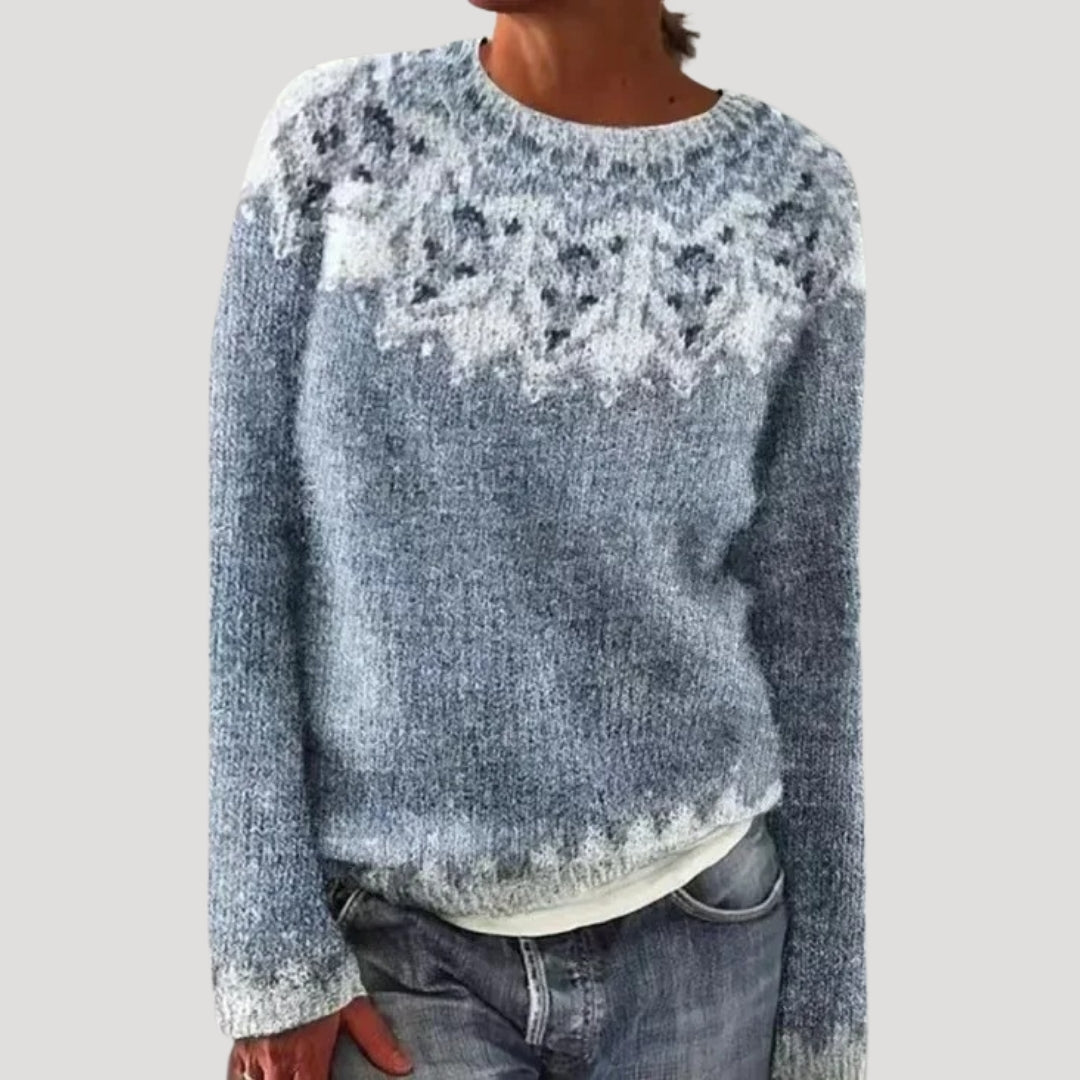 Sweter damski wzorzysty z okrągłym dekoltem i kolorowym karczkiem 7