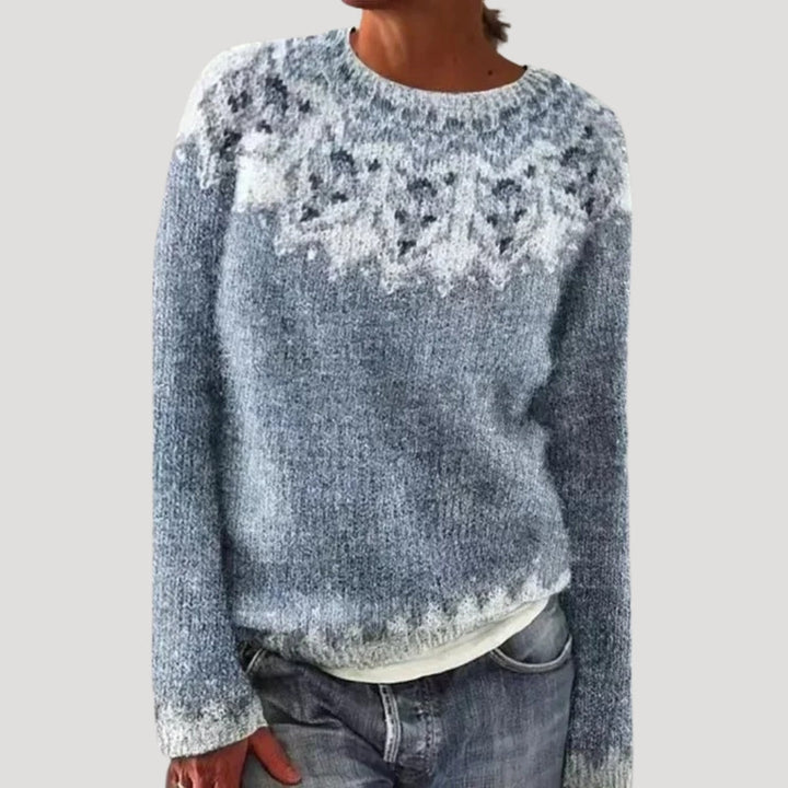 Sweter damski wzorzysty z okrągłym dekoltem i kolorowym karczkiem 7