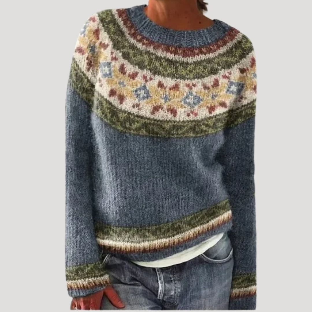 Sweter damski wzorzysty z okrągłym dekoltem i kolorowym karczkiem 8