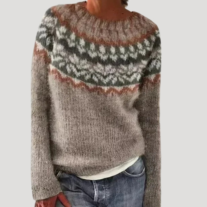 Sweter damski wzorzysty z okrągłym dekoltem i kolorowym karczkiem 9