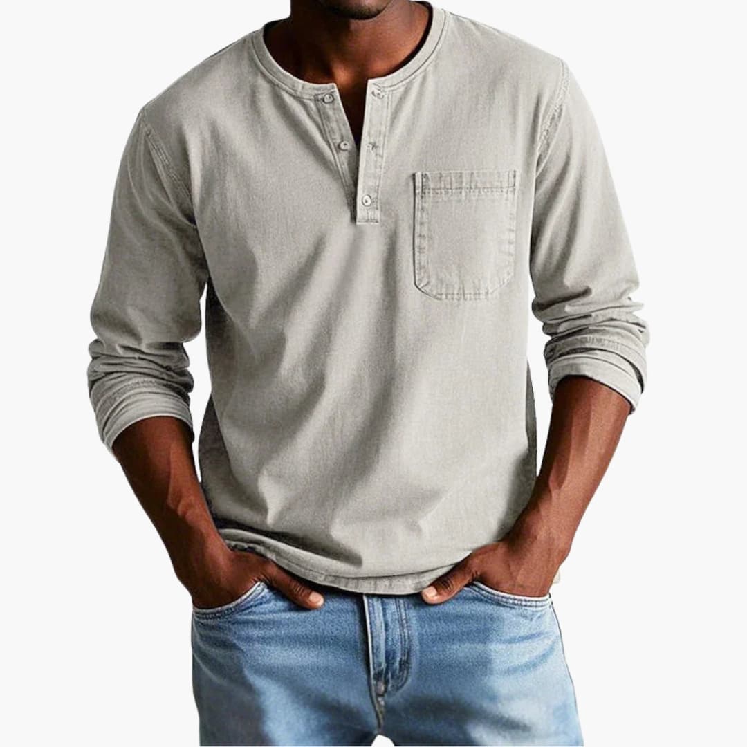 Męski T Shirt Henley Długi Rękaw Kieszeń Na Piersi | Casual