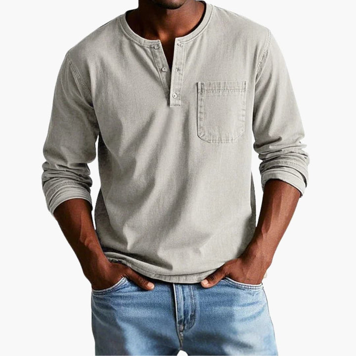 Męski T Shirt Henley Długi Rękaw Kieszeń Na Piersi | Casual