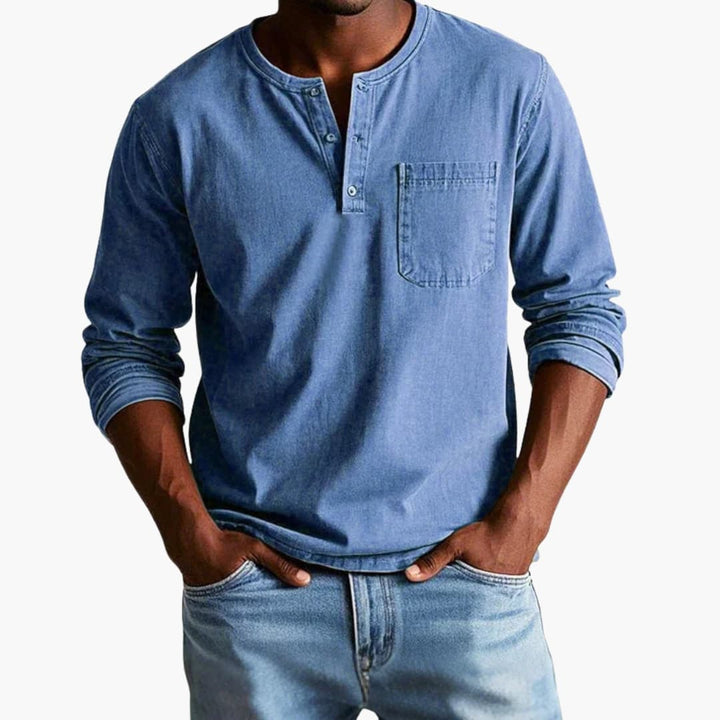 Męski T Shirt Henley Długi Rękaw Kieszeń Na Piersi | Casual