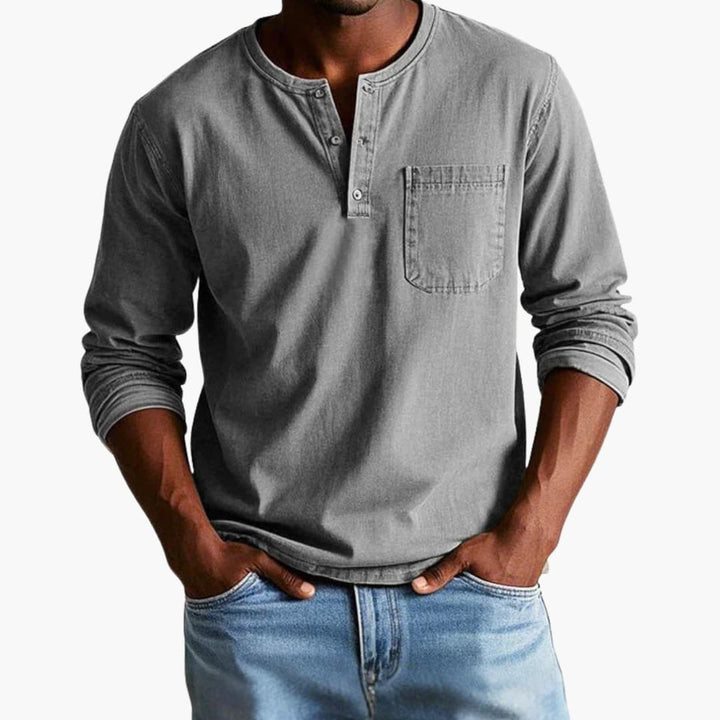Męski T Shirt Henley Długi Rękaw Kieszeń Na Piersi | Casual