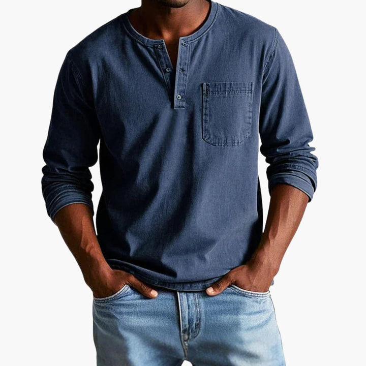 Męski T Shirt Henley Długi Rękaw Kieszeń Na Piersi | Casual