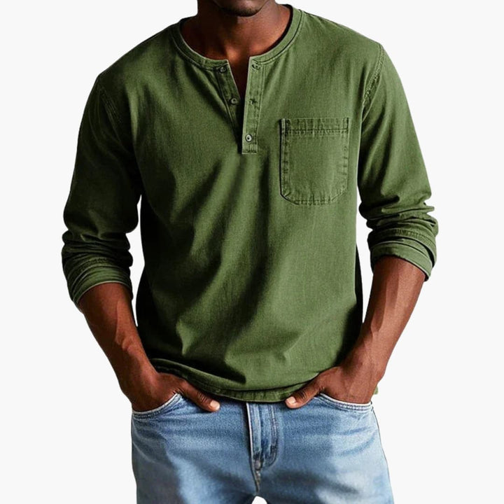 Męski T Shirt Henley Długi Rękaw Kieszeń Na Piersi | Casual