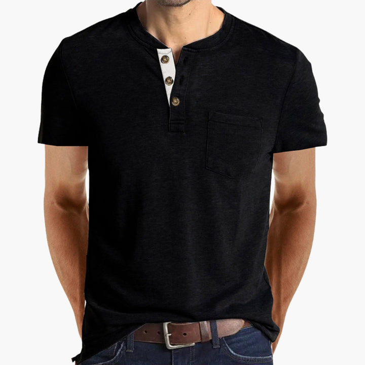 Męski T-Shirt Henley | Krótki Rękaw i Kieszonka na Piersi | Casualowy Styl na Co Dzień