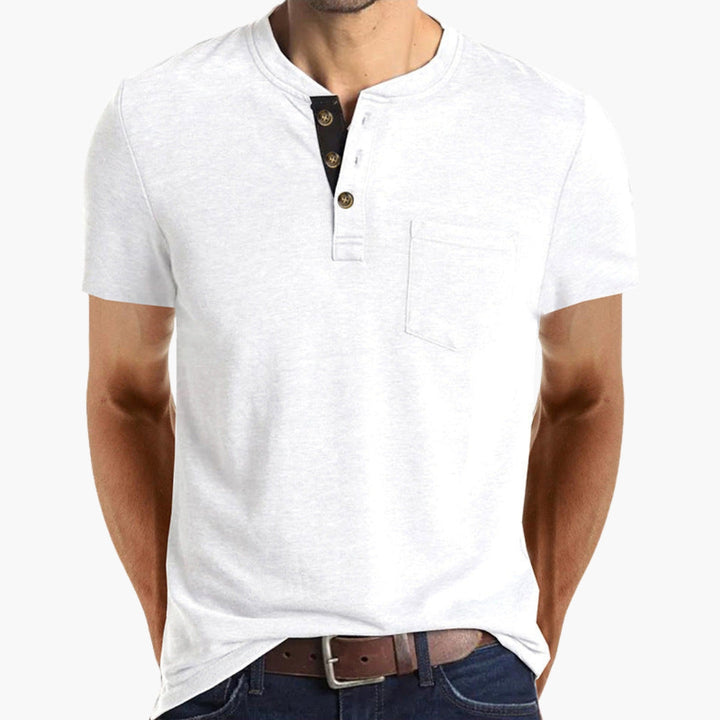 Męski T-Shirt Henley | Krótki Rękaw i Kieszonka na Piersi | Casualowy Styl na Co Dzień