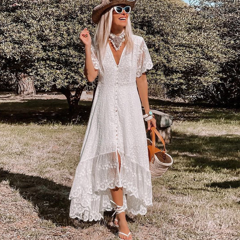 Damska Sukienka Maxi | Luźny Krój | Koronkowe Detale i Krótkie Rękawy | Boho Styl